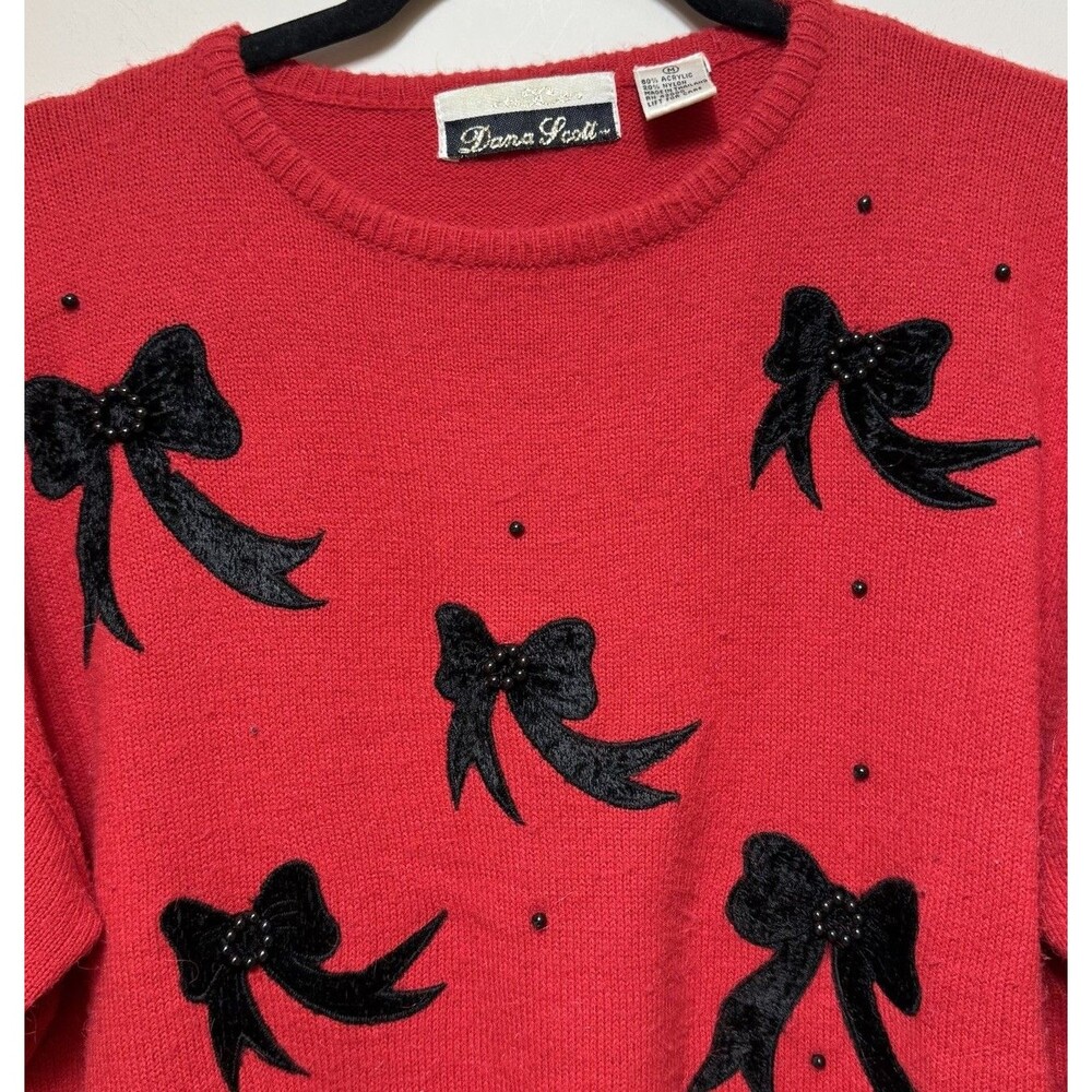 Vintage 80s Dana Scott Sweater Red Black Bows  Womens M Beaded Accents